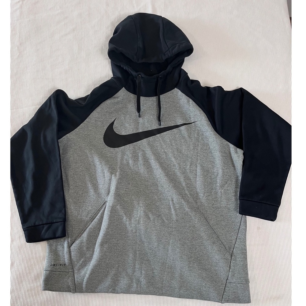 Nike Dri-FIT Mens Hoodie Grey Black Raglan Pullover Swoosh Sweatshirt Large